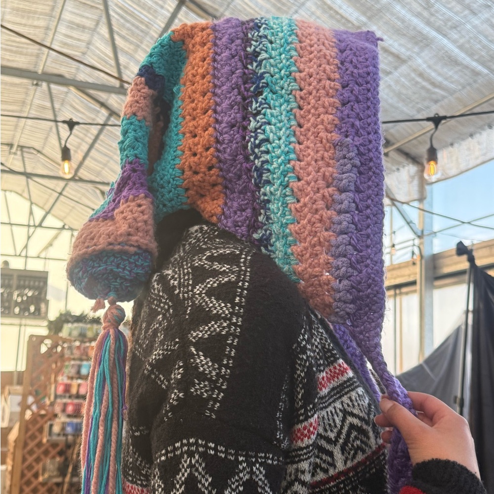 Stylish Purple and Blue Knit Hat with Textured Pattern